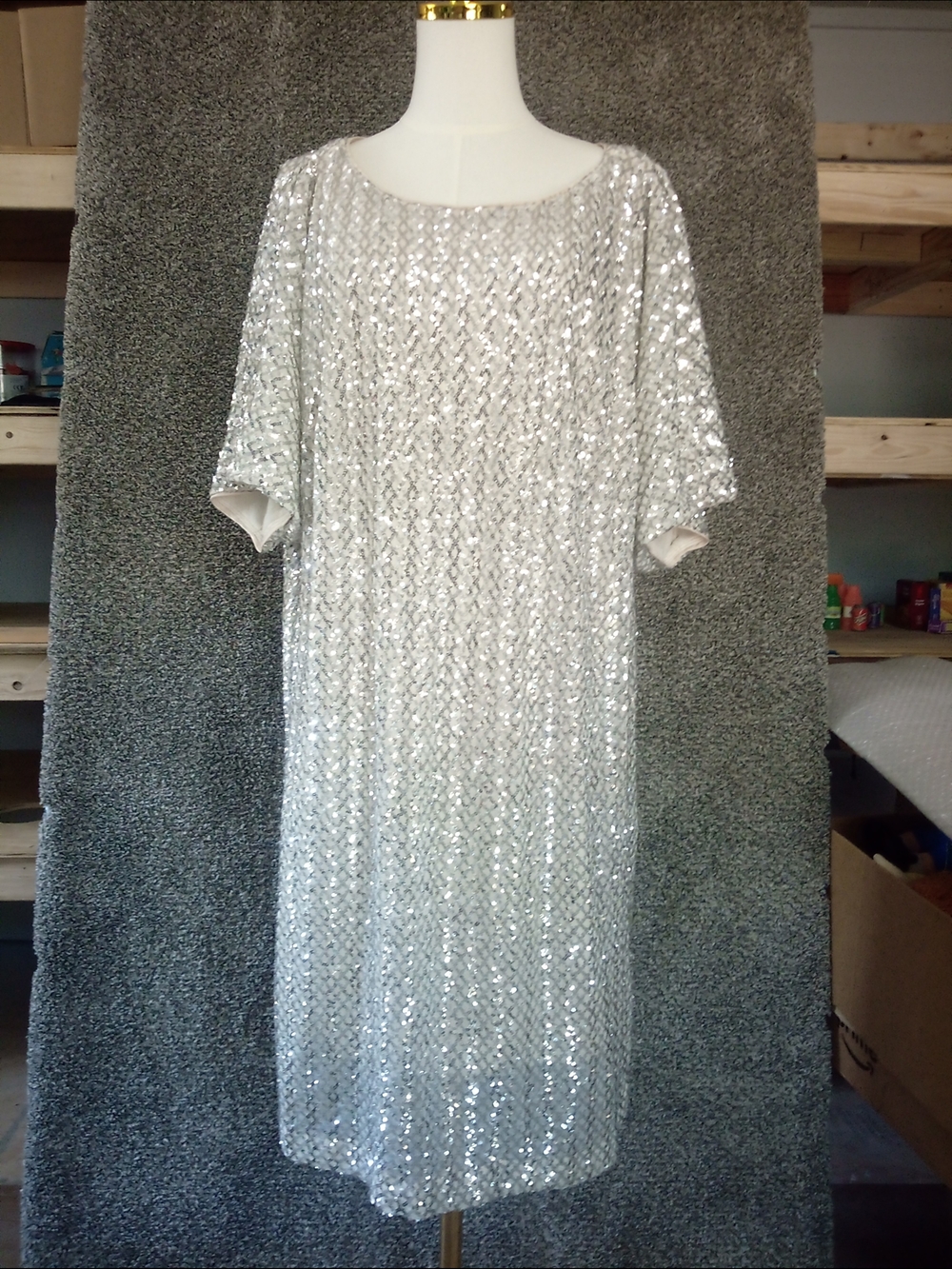 Vince Camuto Silver Sequin Midi Shift Dress